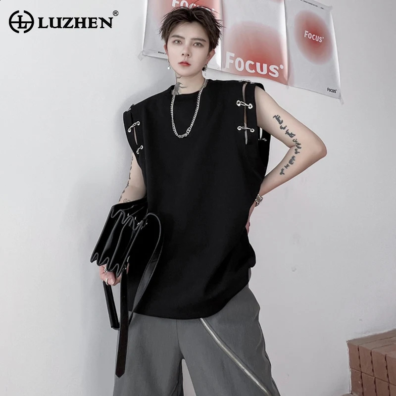 LUZHEN Stylish High Street Original Sleeveless T-shirts Mens Summer Trendy Metal Buckle Decorate Male Vets Tops LZ2064 240810