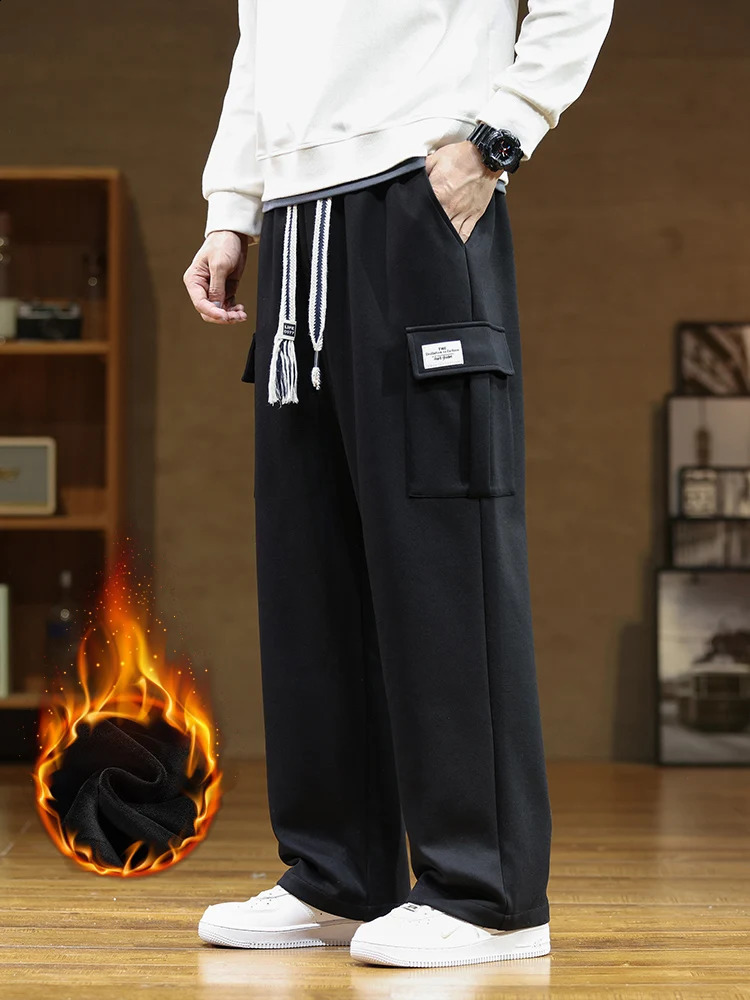 Winter multi pocket sports pants mens wool lining thick warm straight loose track pants cotton casual goods Trouser 8XL240809