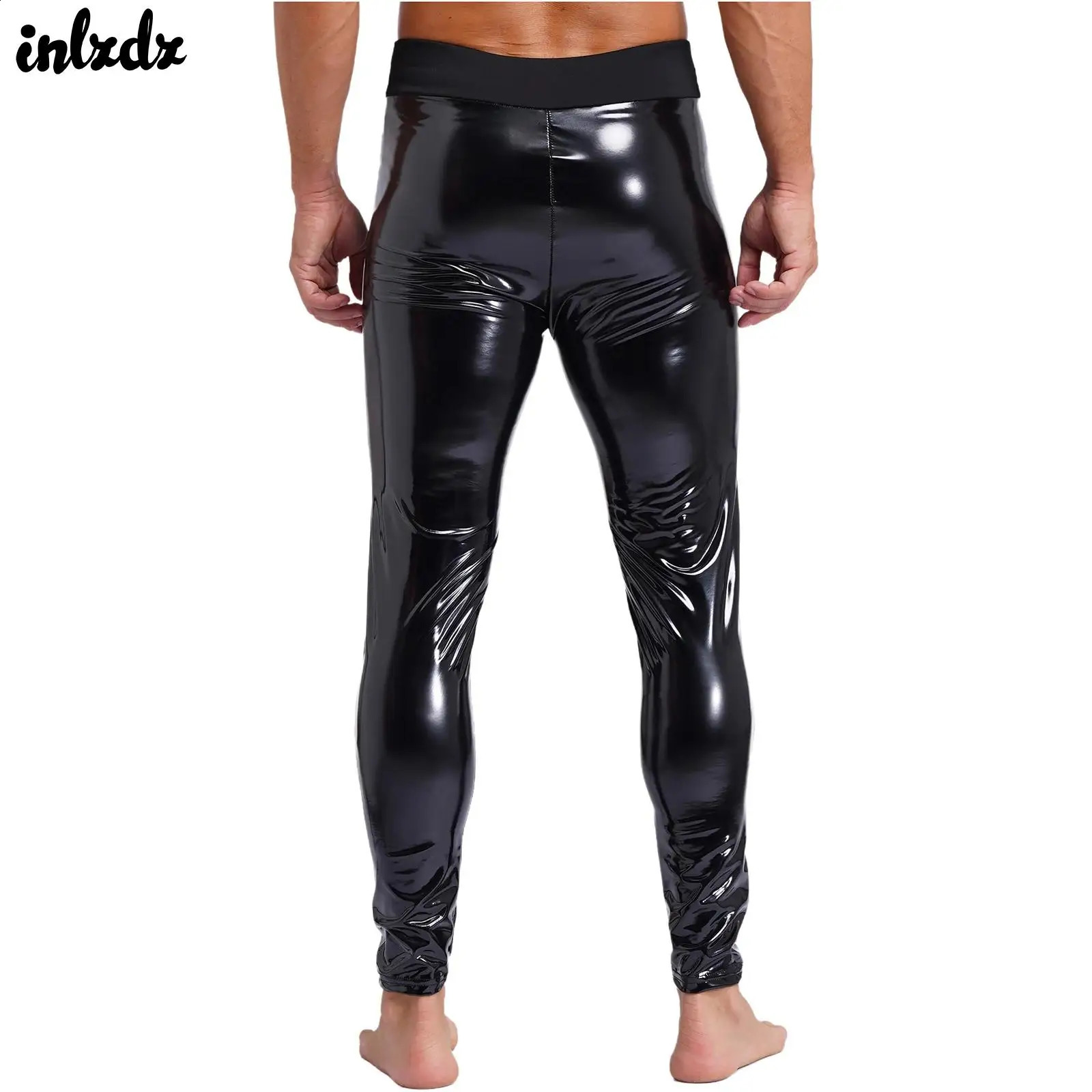 Hommes mens noir extension longue jambe brevet en cuir serré jeans pantalon de latex haute taille carnaval robe de fête mouillée club 240809