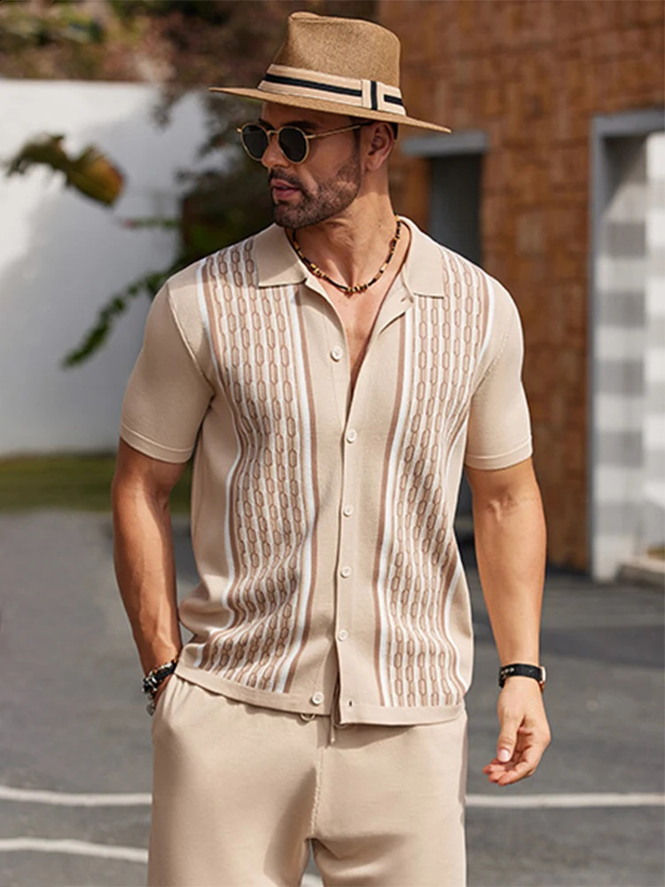 2024 summer mens 2piece retro printed short sleeved polo shirt casual beach shorts Tshirt set 240809
