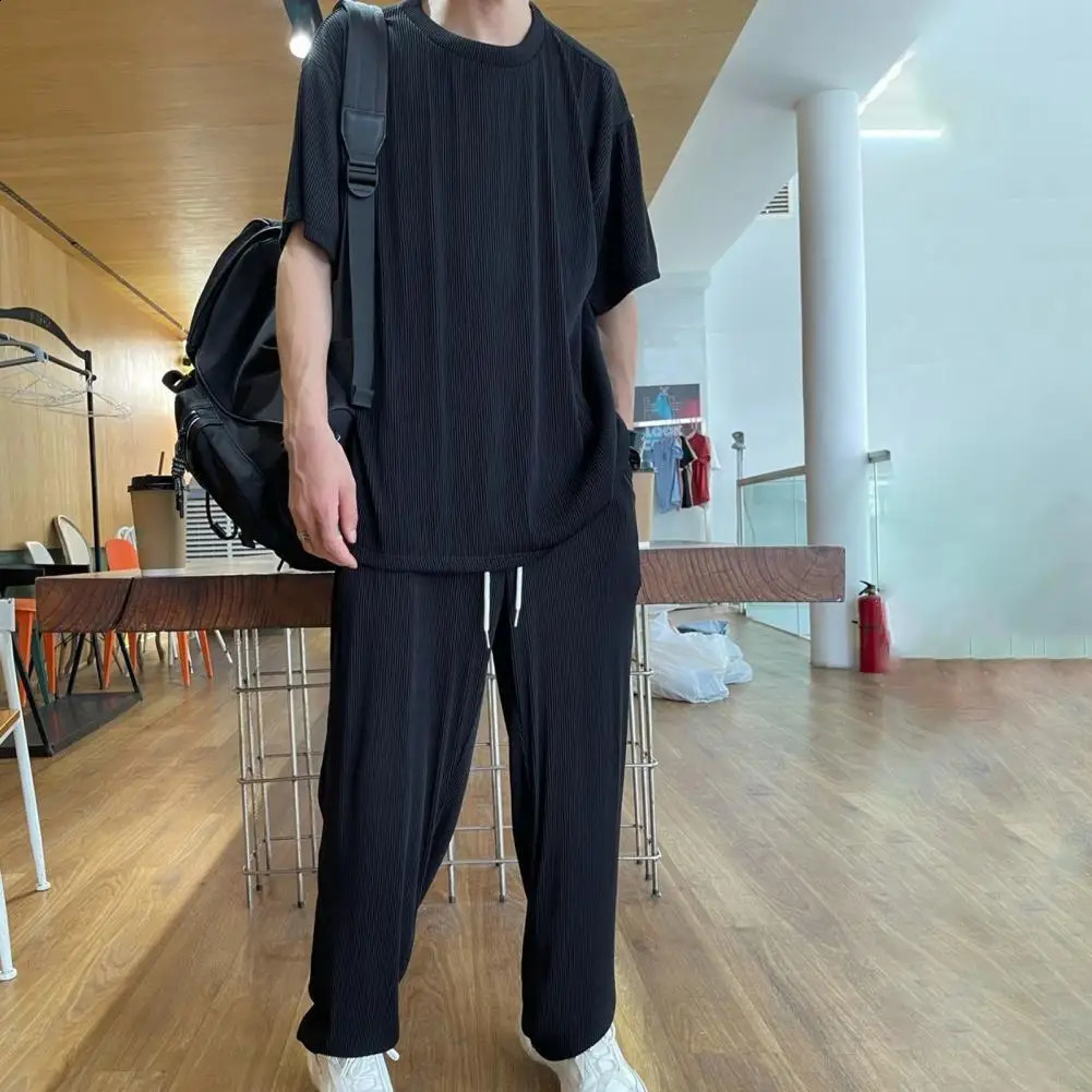 Summer 2piece solid mens ice silk dress short sleeved top long pants loose sportswear casual 4XL 240809