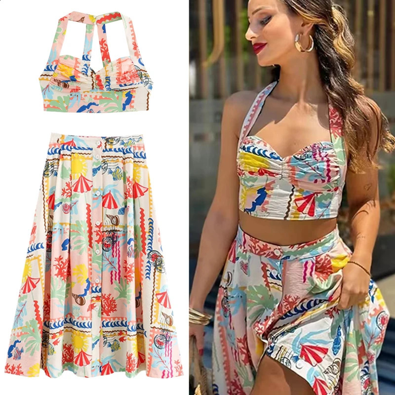 HXAO pleated printed hanger top womens patch work sleeveless crop vest 2024 summer fashion backless sexy beach 240809