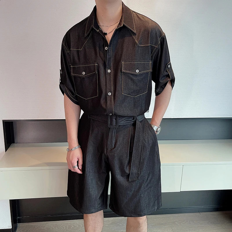 Summer denim 2piece set for mens loose casual short sleeved shirt pants street clothing fashionable retro jeans wear 240809