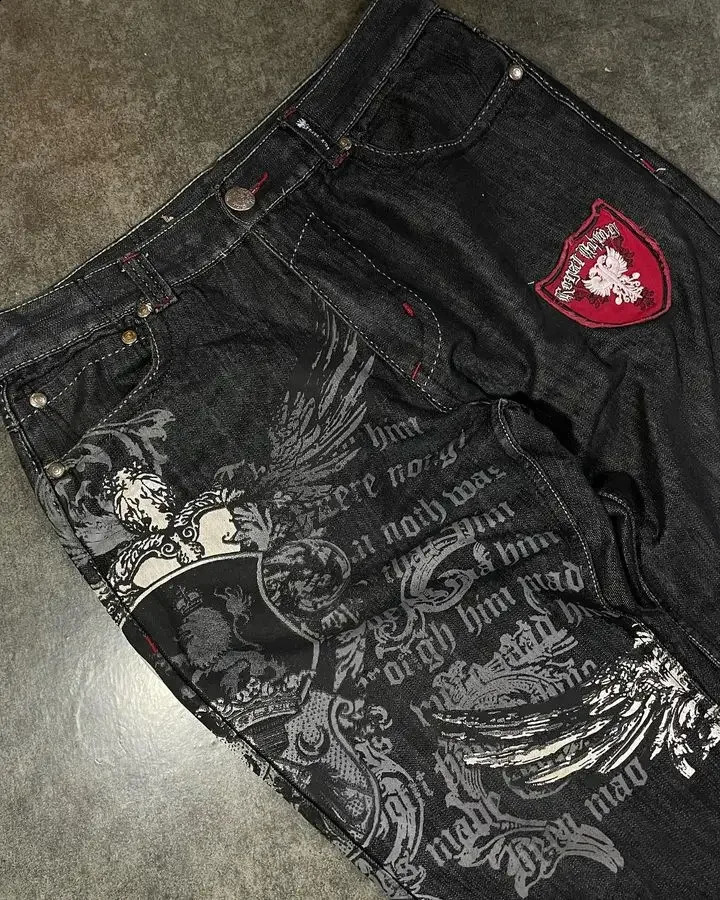 Hip Hop Retro Graphic Embroidered Baggy Jeans Streetwear Y2K Harajuku Black Pants Men Women Gothic High Waist Wide Trouser 240810