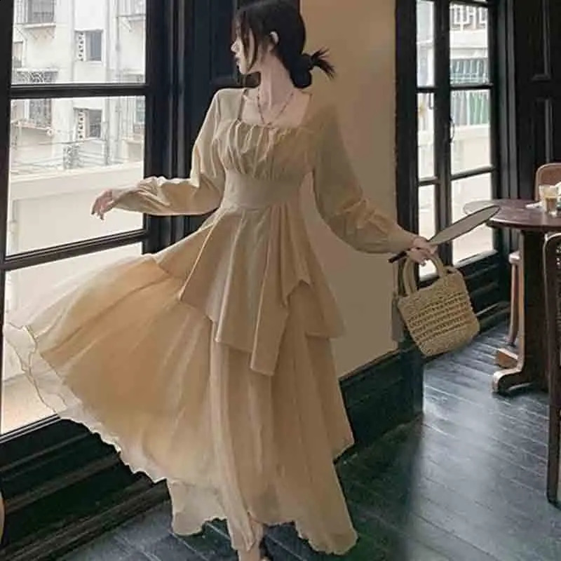 2 Piece Sweet Korean Fashion Women Irregular Mesh Skirt Sets Spring Autumn Casual Elegant Square Collar Long Sleeve Top Suit 240810