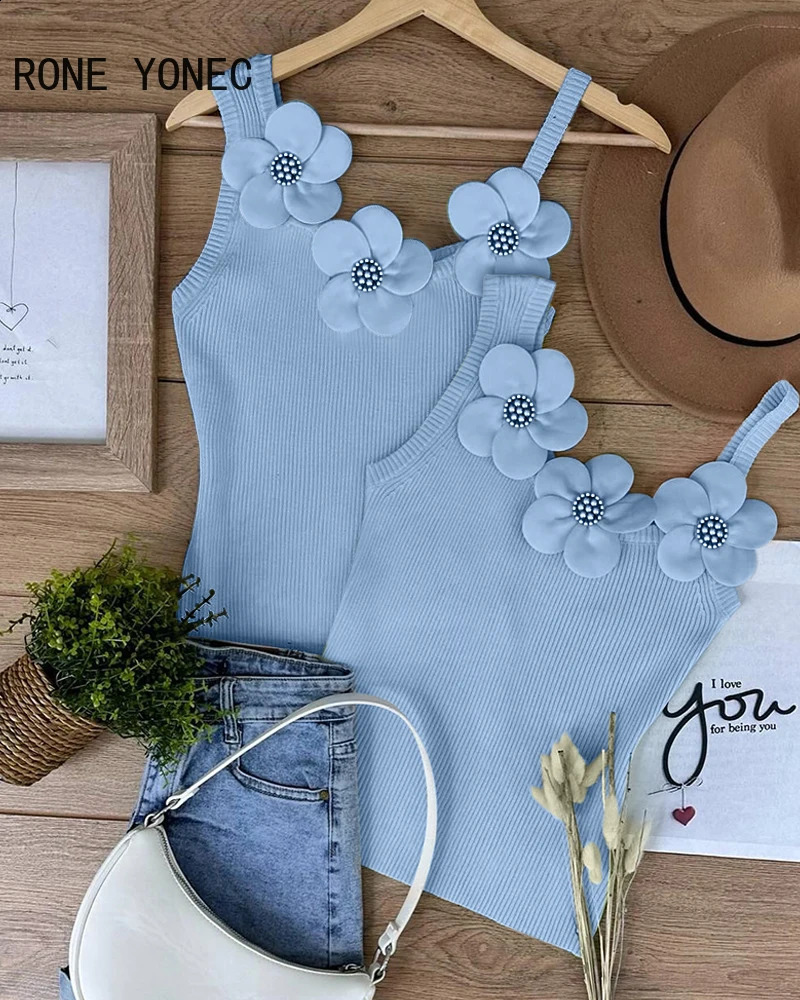 2024 Womens Fashion Solid 3D Decorative Flower Bead Jar Sleeveless Sexy Camis Crop Top 240809