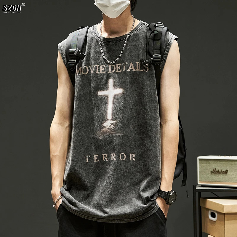 Personalized pattern print retro pure cotton American vest summer T-shirt mens sleeveless oversized clothing high quality240809