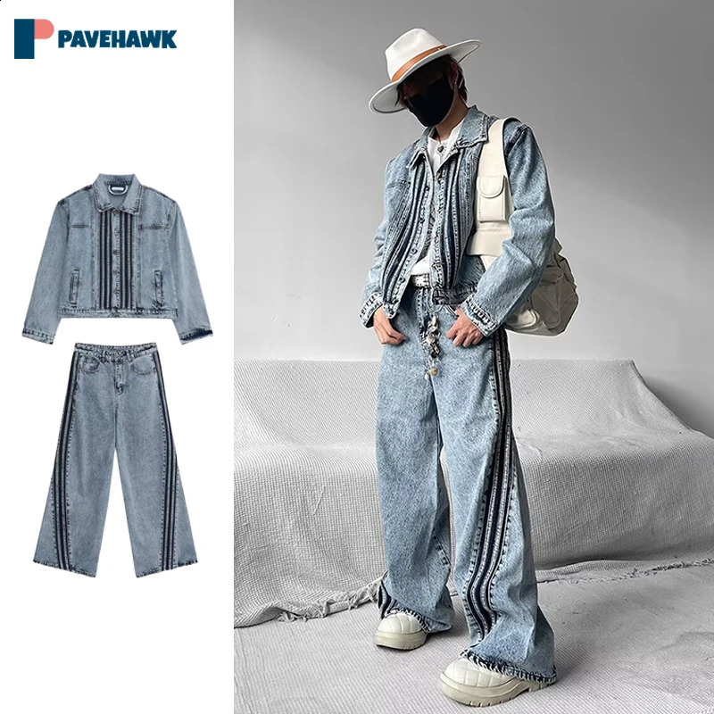 Street retro washed denim suit mens spring spliced work striped jeans jacket wide leg casual 2piece set fashion 240809