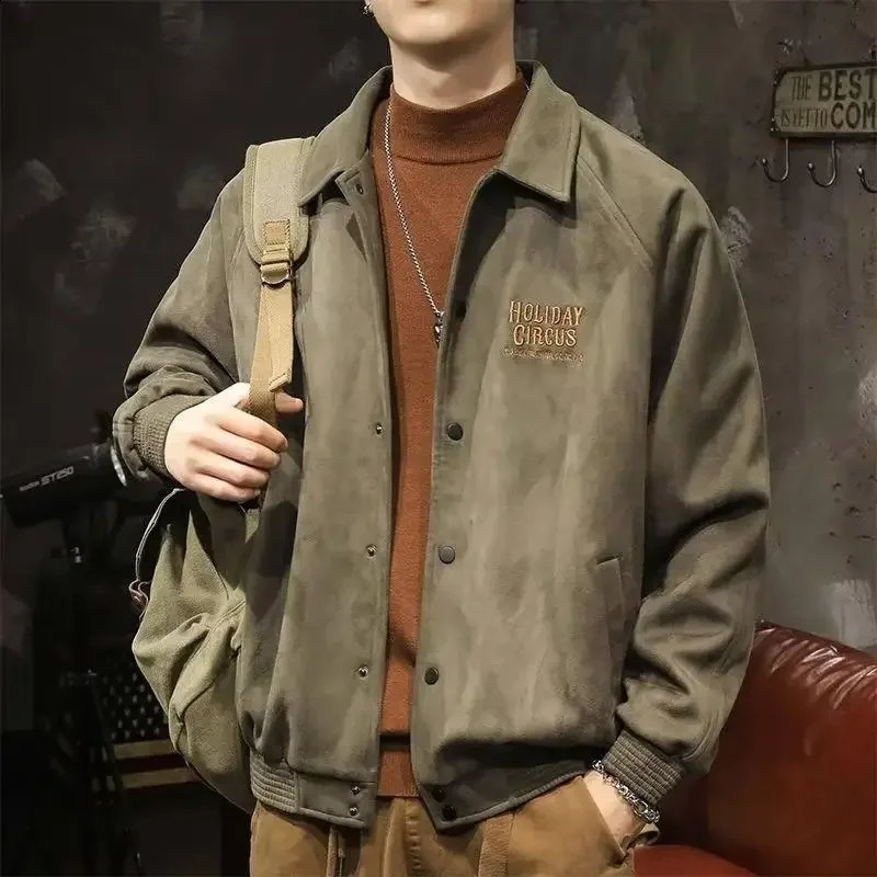 Spring and Autumn Mens Loose Shamova Leather Retro Park Jacket Casual Fashion Collar Top240809