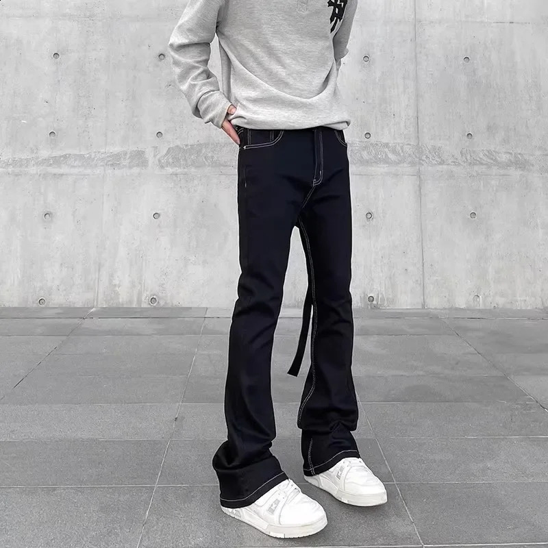 Fashionable black straight leg micro flash jeans suitable for mens casual Vibe weight loss Versatile pants high street Vibes240809