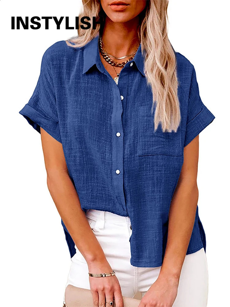 Casual solid short sleeved cotton linen loose shirt retro Harajuku ultrafine elegant color summer top 240809