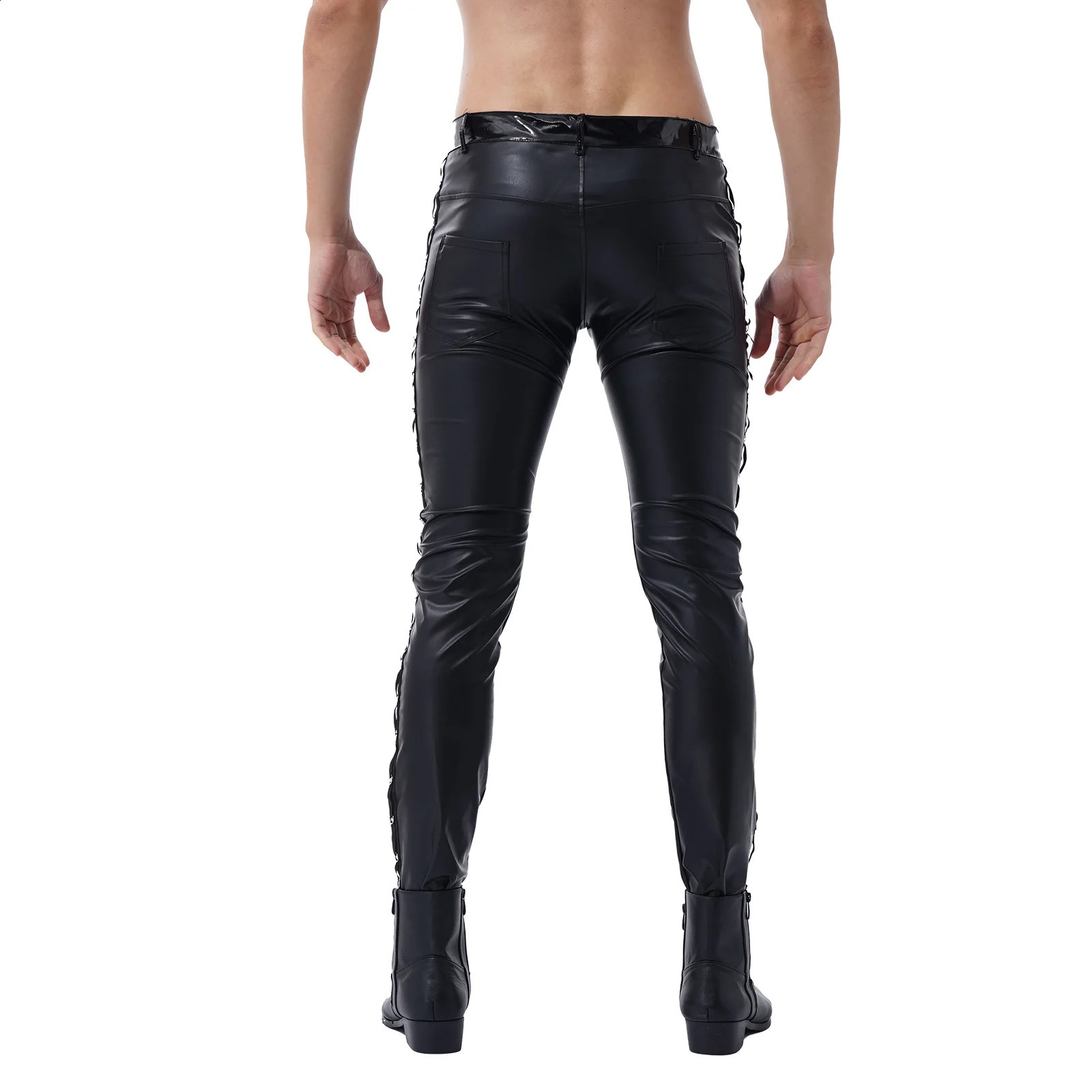 Mens artificial leather leggings stage club pants tight Gothic low waisted legs party rock band performance costumes 240809