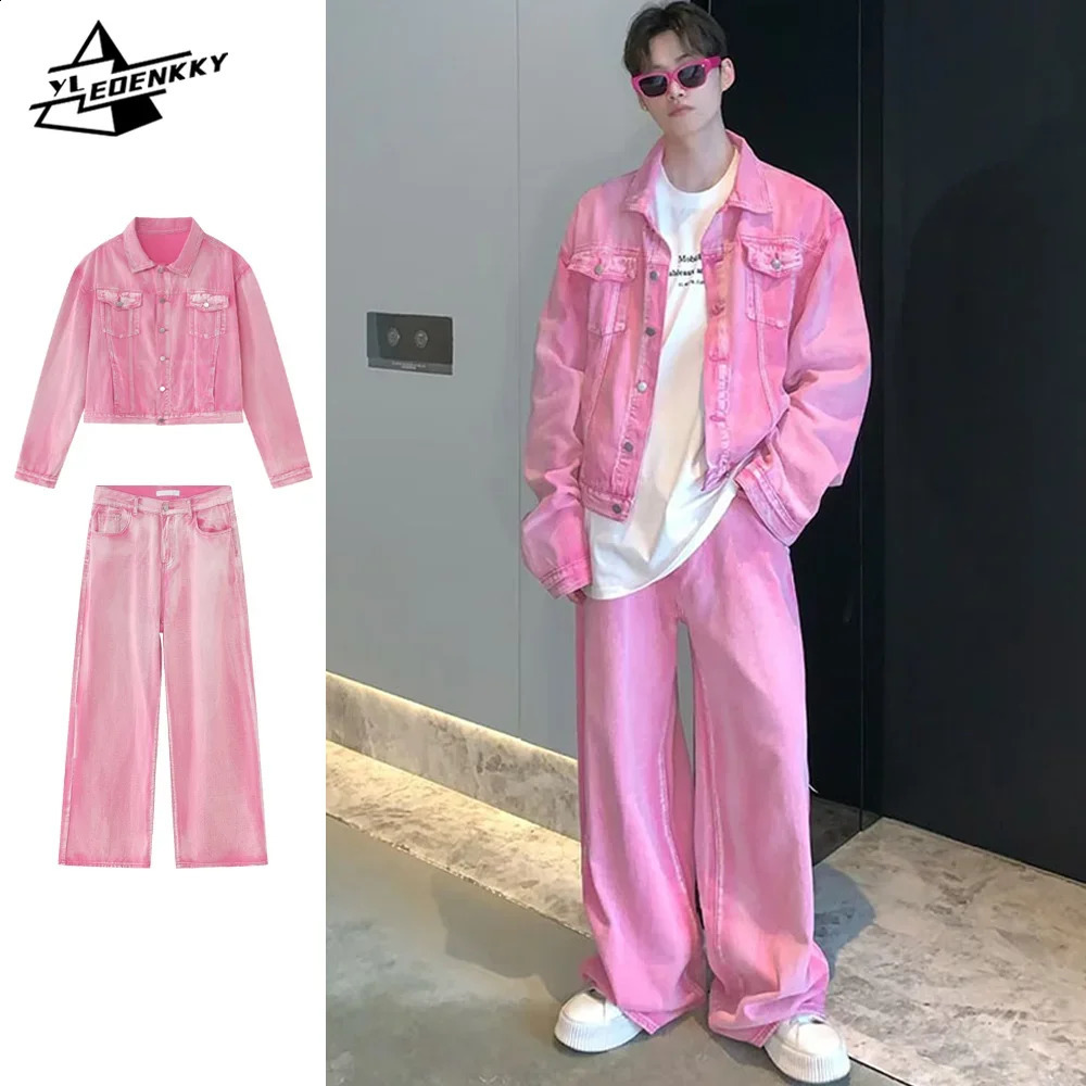 Mens ultra-thin denim suit mens retro slim fit denim jackethip-hop straight thin jeans spring and autumn street casual two-piece set240809