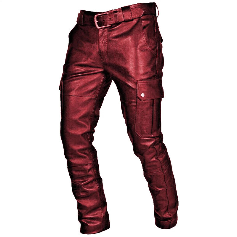 Fashion Solid Color Leather Trousers Mens 2023 Spring Street Clothing Casual Multi Pocket PU Pants 240809
