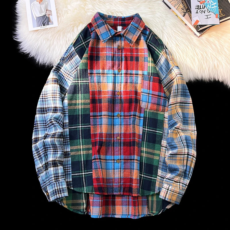 Mens plain weave long sleeved loose cotton casual splicing work mens soft evening formal shirt street pocket clothing C174240809