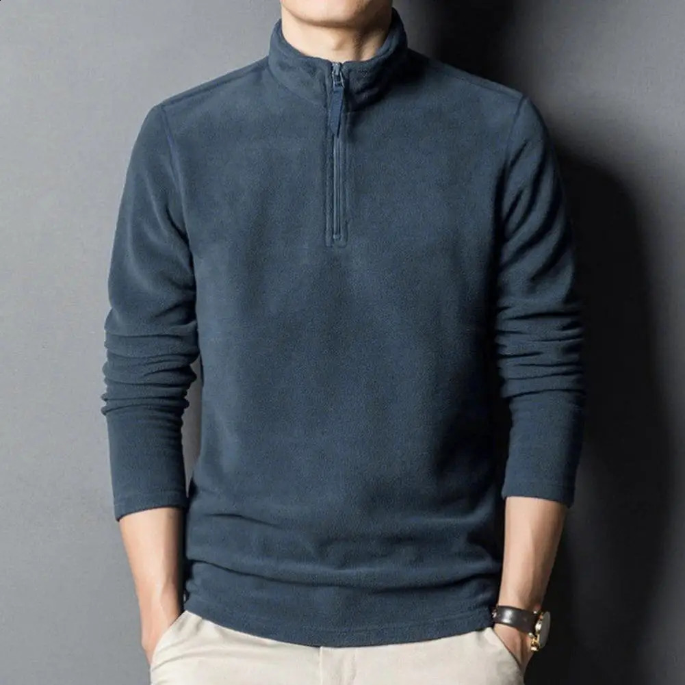 Mens sports shirt solid color long sleeved zipper stand up collar pull tab top thick wool medium length mens 240809