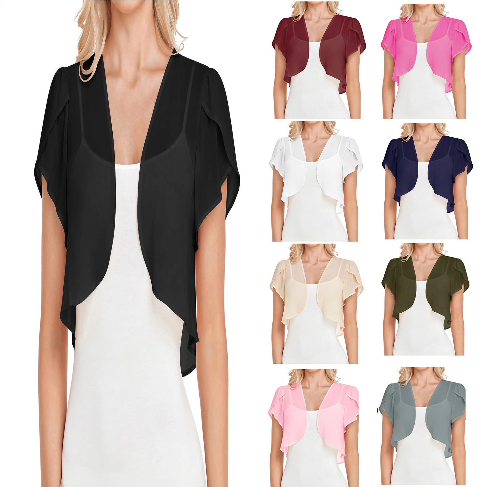 European and American springsummer womens chiffon shirt solid color short sleeved cardigan wool sweater thin 240809