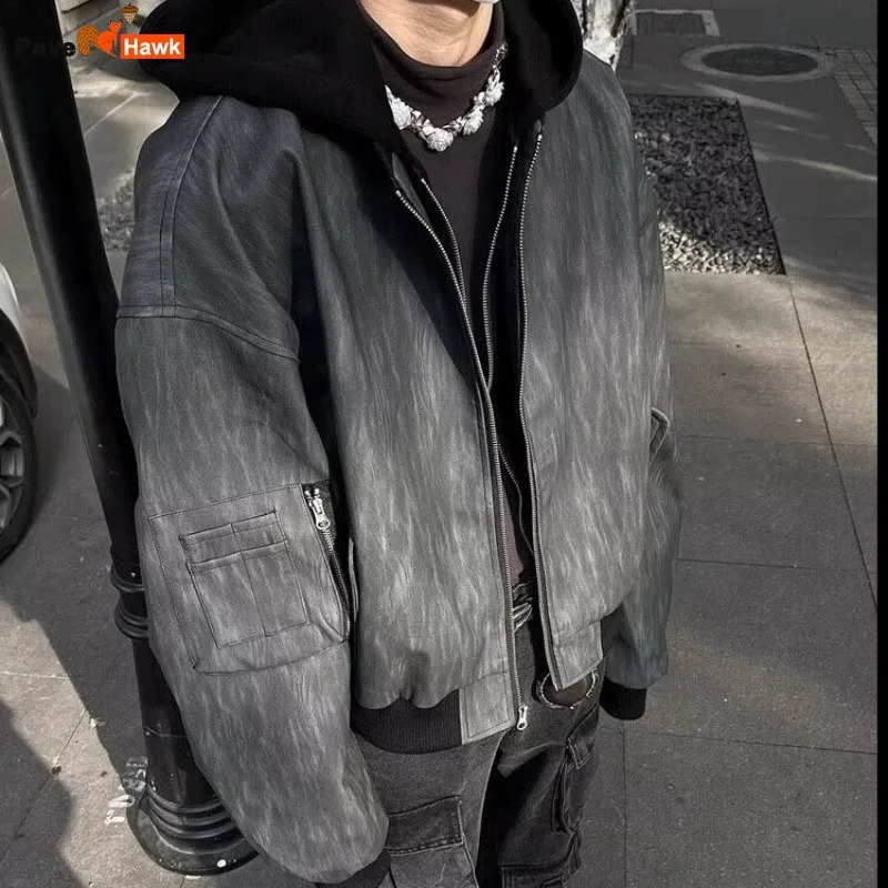 Mens hooded PU leather jacket fashionable gradient color retro jacket zipper mens motorcycle zipper jacket spring street jacket240809
