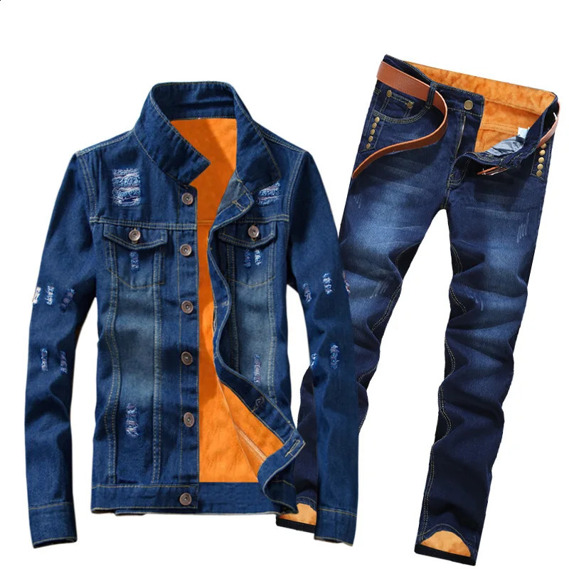 Winter womens wool lined thick denim 2piece set ultrathin jacket jeans Safari style cargo pants matching 240809
