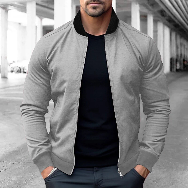 Solid color mens bomber jacket mens casual streetwear hip-hop zipper jacket fashionable mens baseball uniform pilot jacket clothing240809