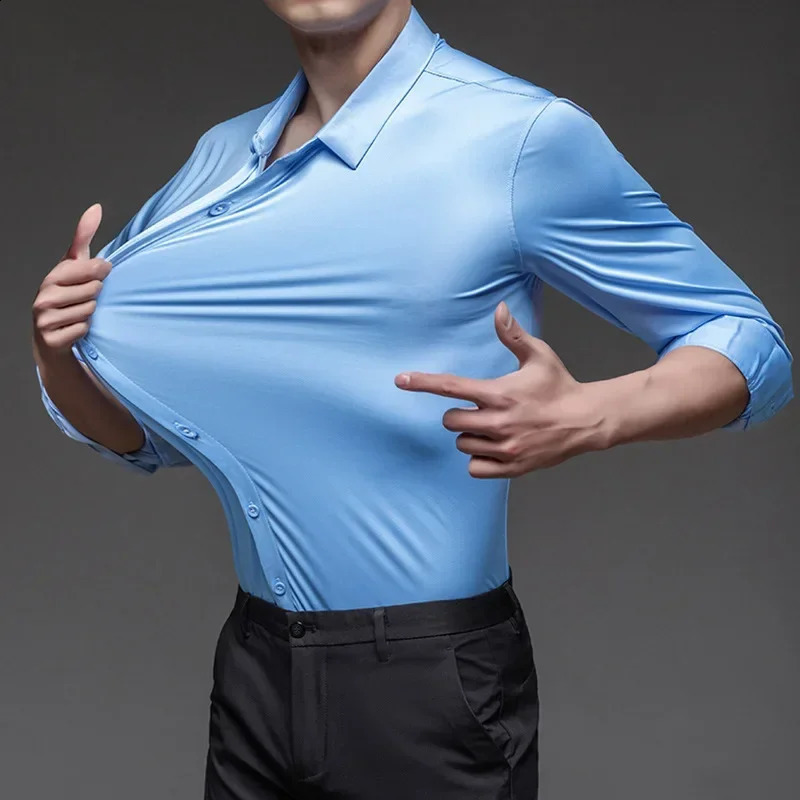 Mens formal shirt long sleeved high-end seamless shirt business casual no iron slim fit four sided elastic set240809