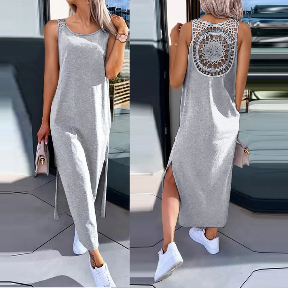Sexy sans manches sans manches solides midi de robe femme d'été dentelle blanche décontractée robes longues pour femmes robe femme 240810