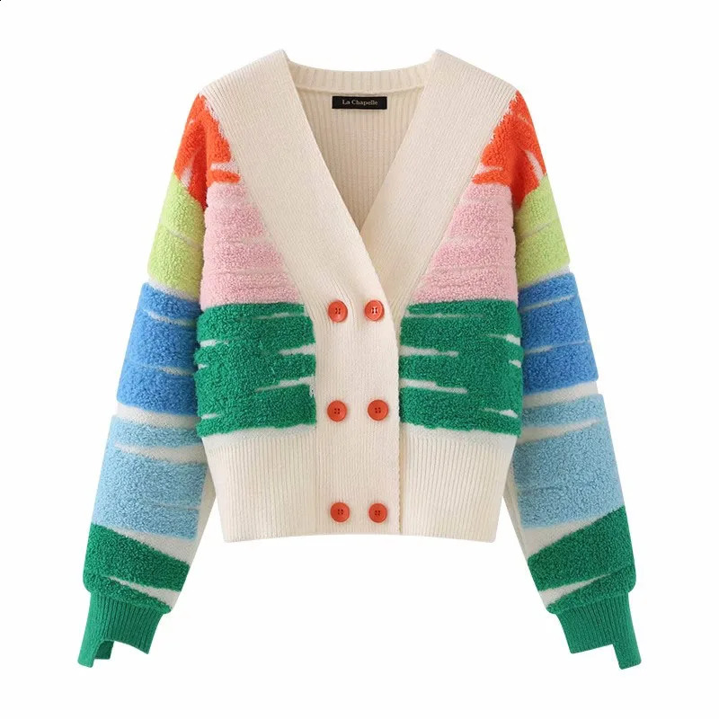 Rainbow striped knitted sweater cardigan womens double chest V-neck jacket autumn and winter long sleeved loose fashion top240809