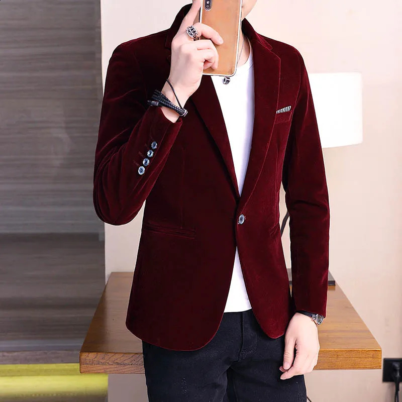 2024 Automne Mens ultra mince veste formelle veste bordeaux en velours borde
