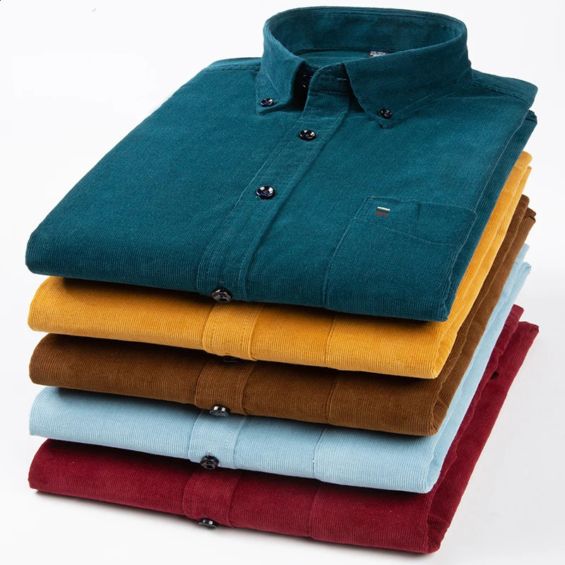 Pure Cotton Corduroy Mens Shirts Fashionable Business Casual Comfortable Extra Size Solid Color Long-Sleeved Men Clothing 240810