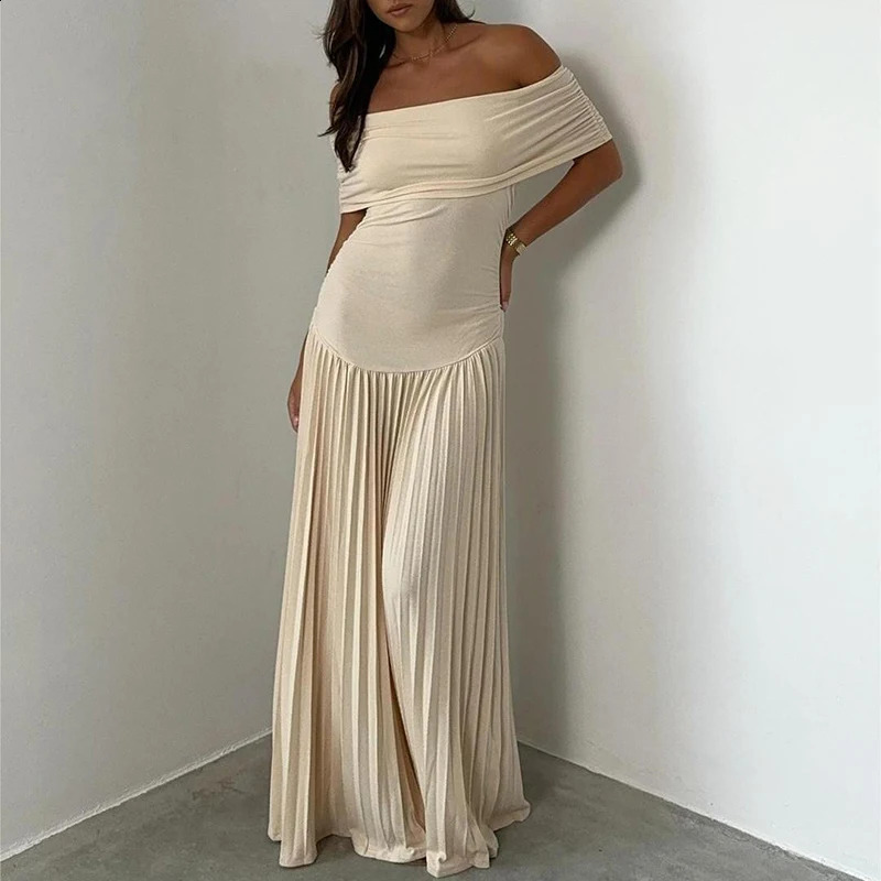 Casual Slash Neck High Waist Pleats Dress Elegant Lady Short Sleeve Solid Evening Dress Summer Fashion Patchwork Slim Long Dress 240810