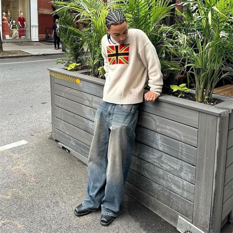 Y2k round neck pullover long sleeved woolen jacquard pattern knit sweater oversize streetwear vintage casual wear 204 winter 240809