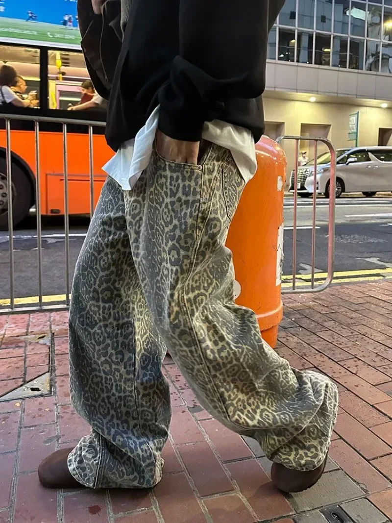 Y2K Shin Harajuku retro washed leopard print pants hiphop high waisted straight pocket jeans mens punk streetwear gothic wide 240809