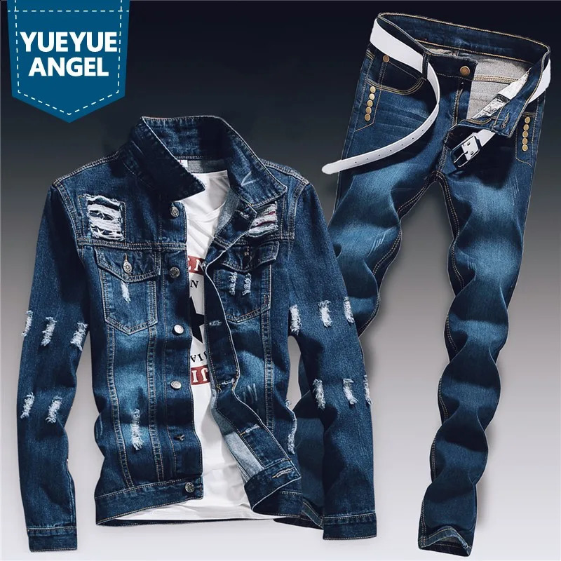 Ensemble de deux pièces de printemps en denim avec une veste à fente à fente et un jean ensemble pour hommes décontractés Retro Ropa Hombre Cargo