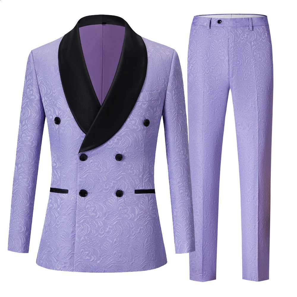 Mens set with double row 6 buttons wedding tailcoat ultra-thin suitable for beauty jacketpants 2PCS purple jacquard black bright collar lapel2408