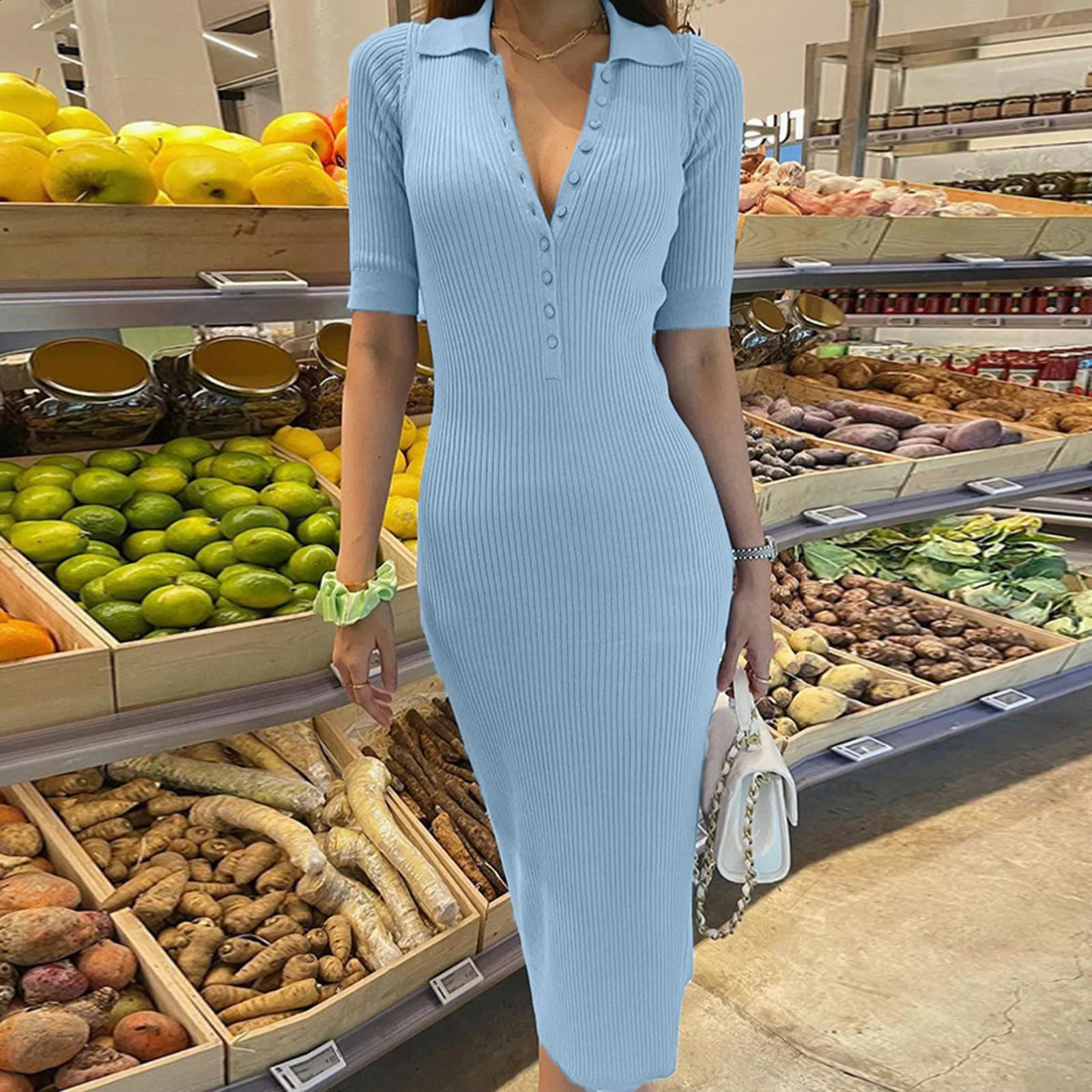 Ribbed Knitted Dress Women V Neck Buttons Solid Color Short Sleeve Dresses Solid Party Spring Autumn Slim Bodycon Vestidos Robes 240810