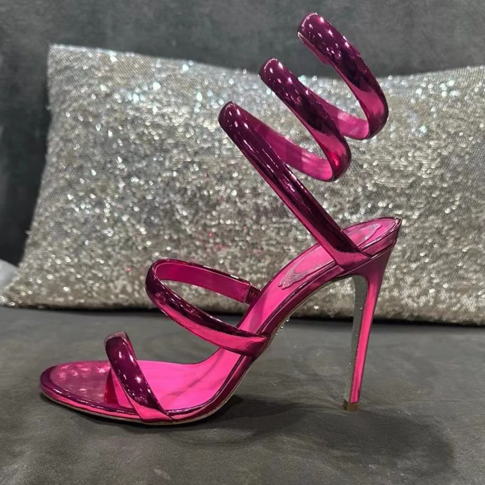 Cleo Red Mirror Sandal 10cm women's Stiletto Heel Evening shoes Snake Strass Ankle Wraparound high heel sandals Luxury Designer shoes factor-image-906929587