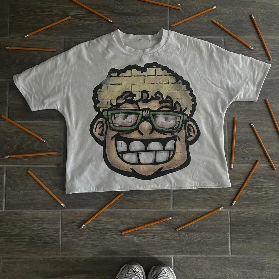 American Funny Character Big Head Anime Pattern Printed T-shirt Mens Pure Cotton Loose Summer Campus Womens Top 240810