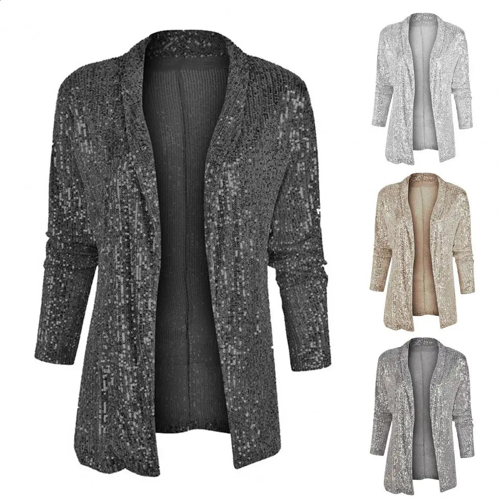 Veste de femmes à manches longues paillettes à manches longues à manches longues Femmes de couture ouverte brillante Performance de scène de la s