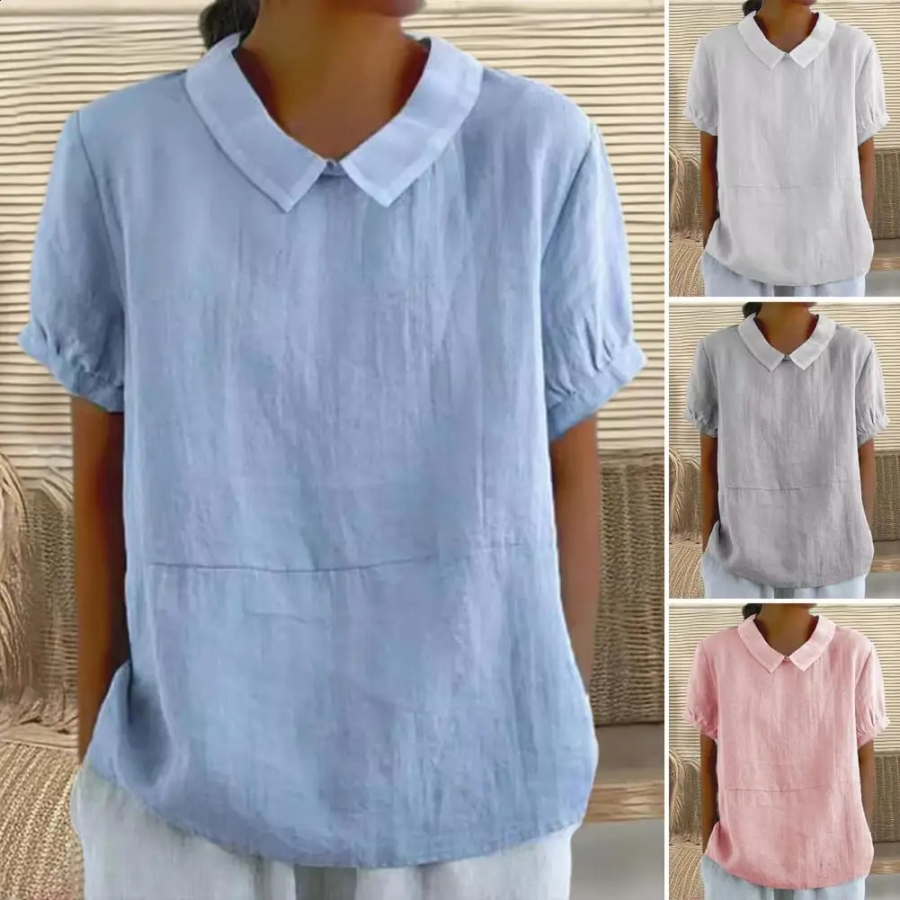Casual loose fitting shirt fashionable womens casual lapel short sleeved solid color floral top 240809