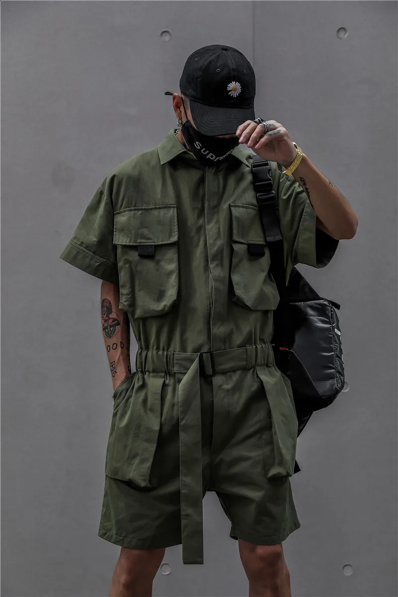 Houzhou Techwear mens short sleeved jumpsuit black bodysuit covering mens green mens Japanese streetwear summer pocket hip-hop240809