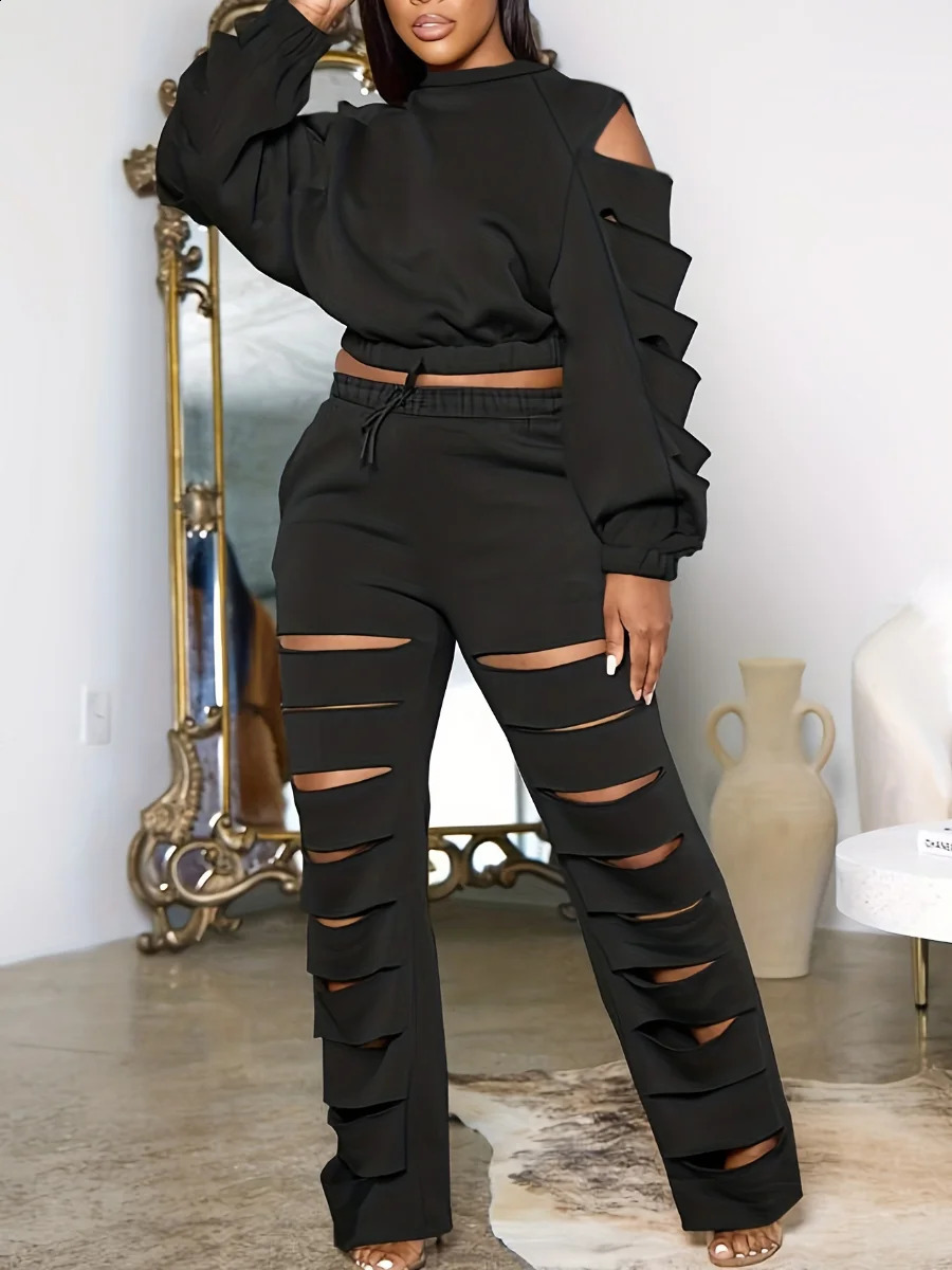 Vêtements pour femmes de taille plus taille Deux ensembles de pièces coupées pantalons hauts hauts ensembles de pantalons à manches longues décon