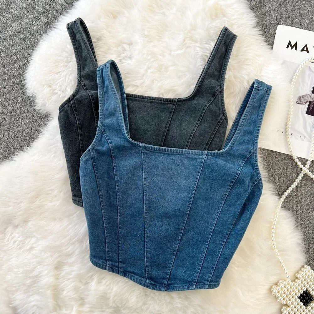 Retro denim womens vest versatile casual sleeveless zipper splicing tight corset cutting top elegant and chic 240809Z