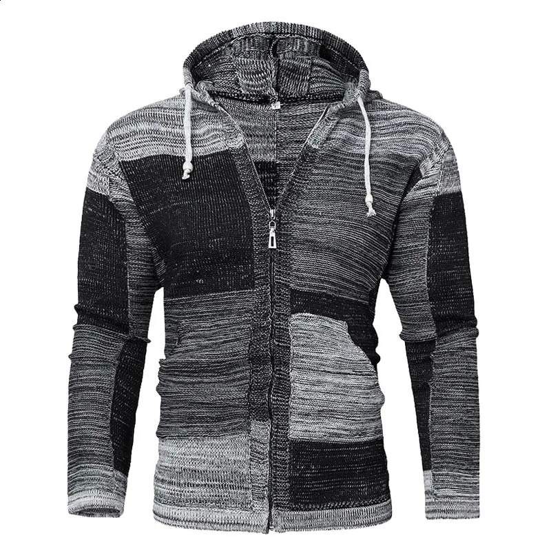 Mens oversized sweater autumn mens coat casual long sleeved knitted sweater mens patch work cardigan mens hooded sweater240809