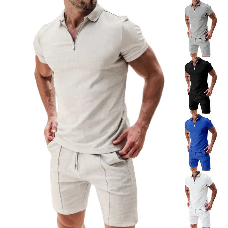 Cross border 2024 Summer Mens Polo Shirt Set Solid Color Waffle Short Sleeve Slimming Collar Tshirt Casual 240809