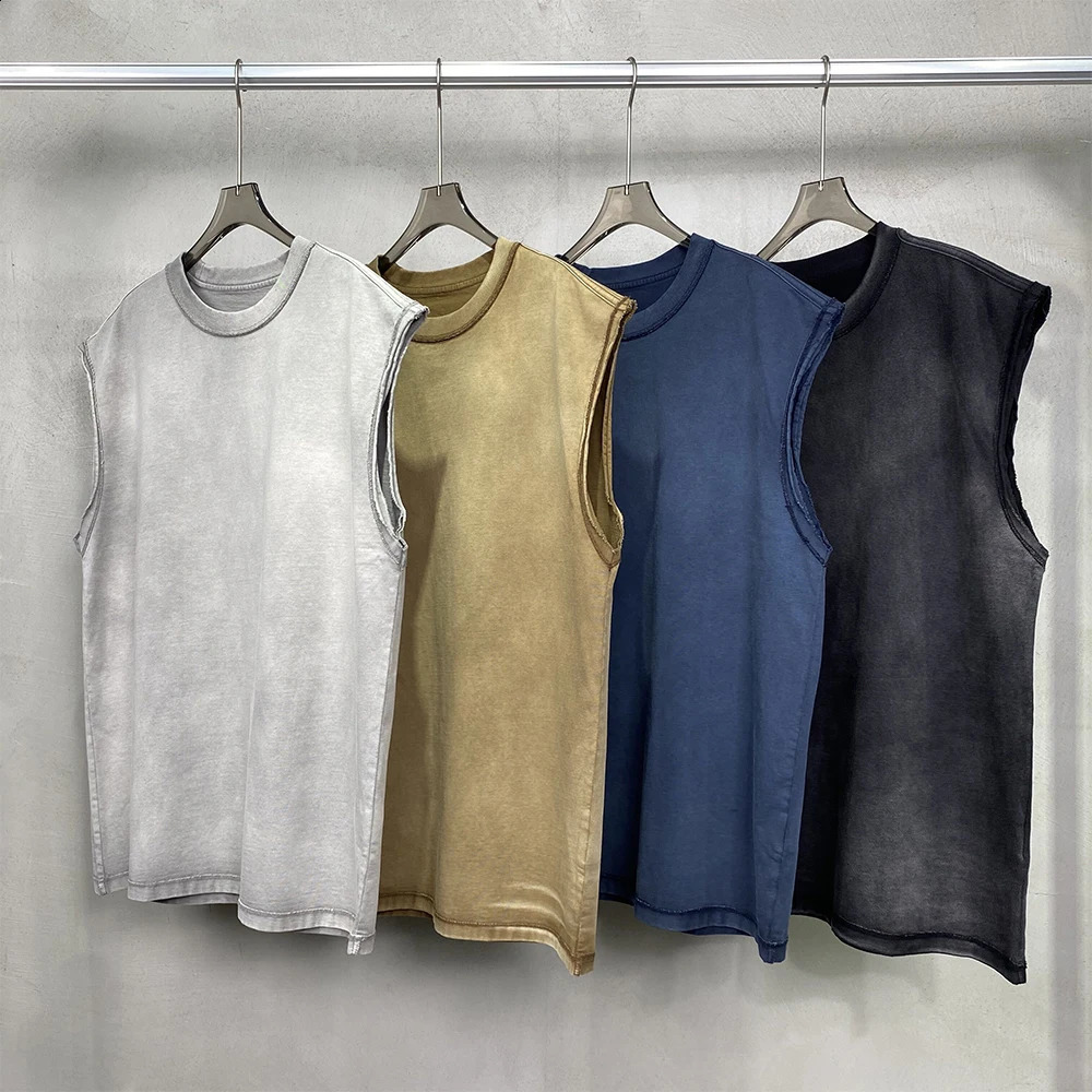 Versage de mode pour hommes Y2K Top 4 couleurs Vêtements de rue Cire Dyé Retro Wash 275G T-shirt sans manches en coton Summer Unisexe Top 240810