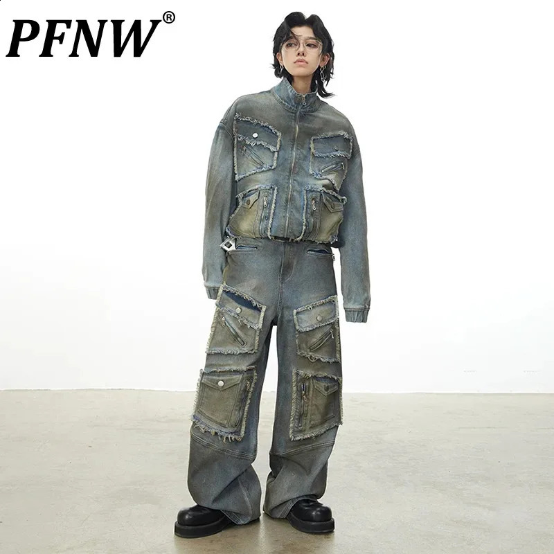 PFNW multi pocket zipper worn mens denim suit retro jacket washed high street jeans 2023 winter trend 28W2408 240809