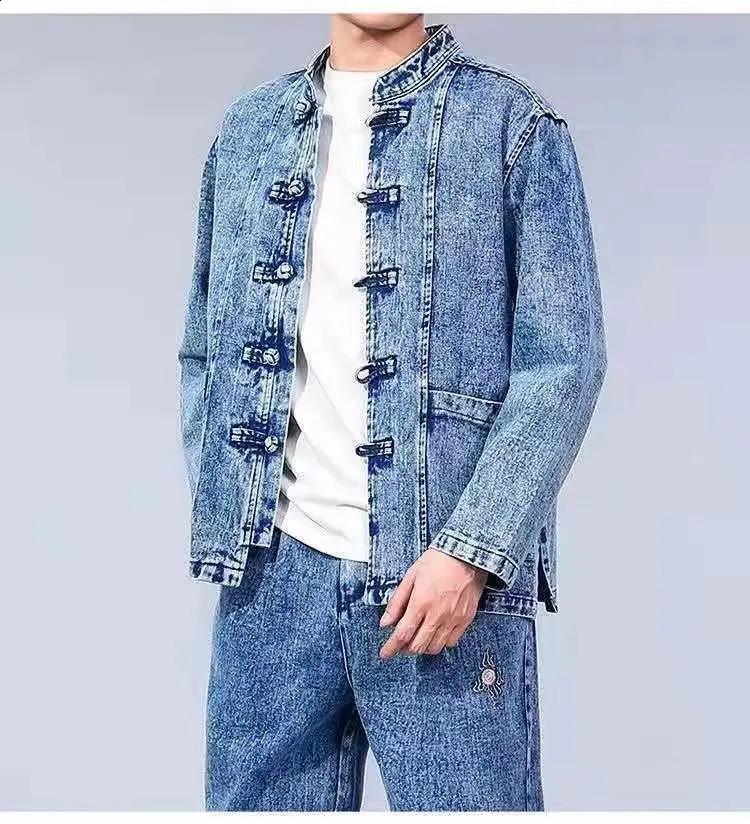 Hanfu Clothing Chinese style mens denim suit fashion trend spring and autumn loose fit long sleeved Tang jacketjeans 240809
