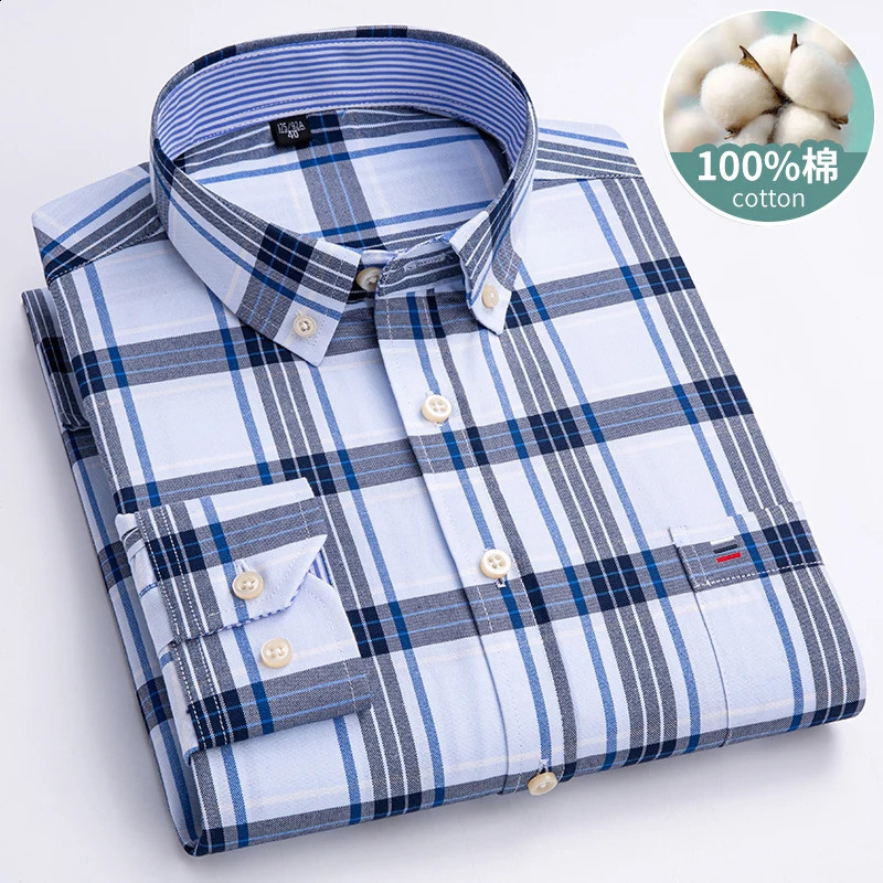 Mens Striped Shirts 100% Cotton Oxford Long Sleeve Plaid Solid Color Casual Shirts for Business Men Daily Use Camisas Hombre 240810