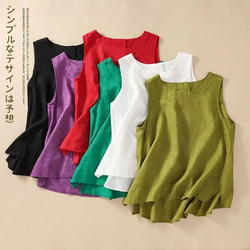 Simple COTTON linen summer vest womens retro white Tshirt Versatile Tank top loose solid Oneck casual sleeveless 240809