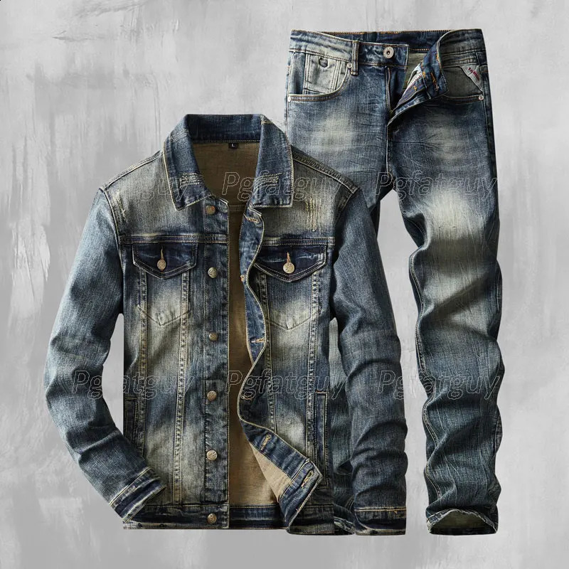 Classic Simple Mens Jeans Set Retro Blue Denim Jacket and Pants 2piece AutumnWinter American Slimming Street Clothing 240809